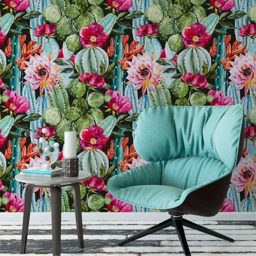 Papel wallpaper de cactus y flores decorativo