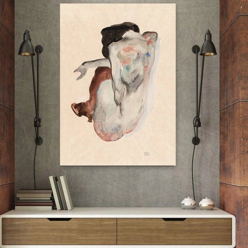 Mujer desnuda en cuclillas con zapatos y medias negras - Egon Schiele