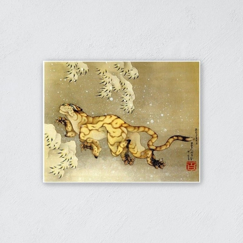 Tigre En La Nieve - Hokusai cuadro decorativo fondo gris