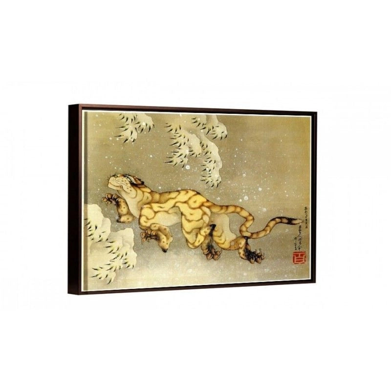 Tigre En La Nieve - Hokusai cuadro decorativo marco chocolate
