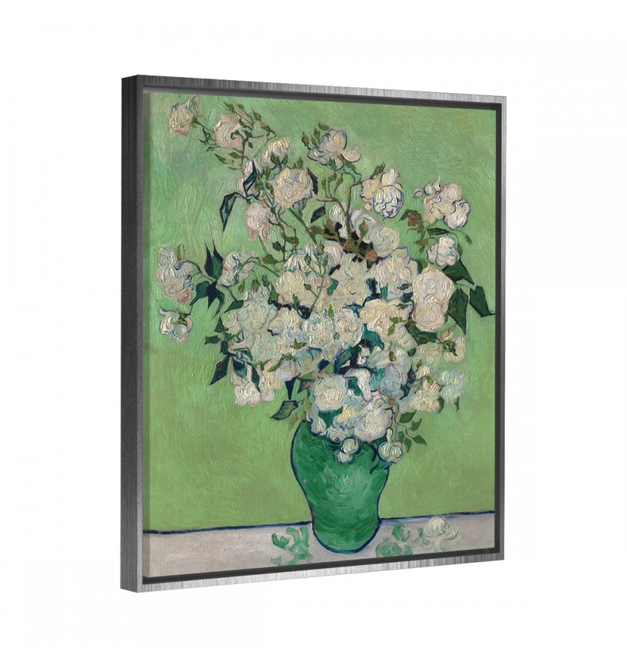 cuadro decorativo vaso con rosas de van gogh con marco flotante plata