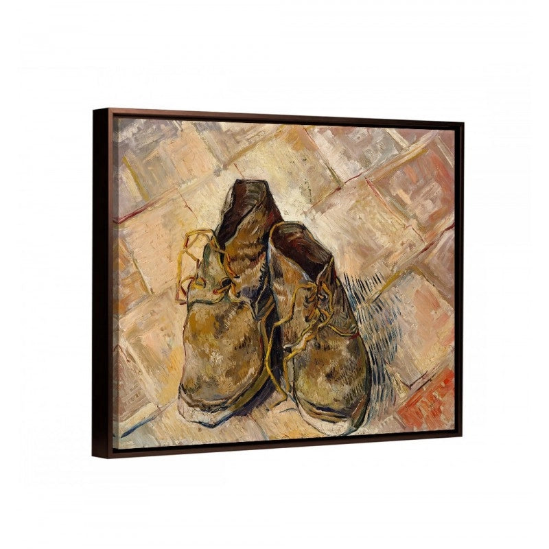 cuadro decorativo zapatos de van gogh con marco flotante chocolate