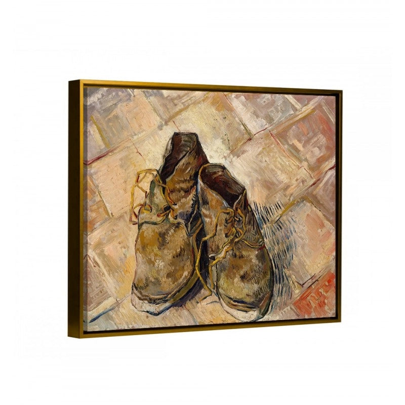 cuadro decorativo zapatos de van gogh con marco flotante oro, dorado