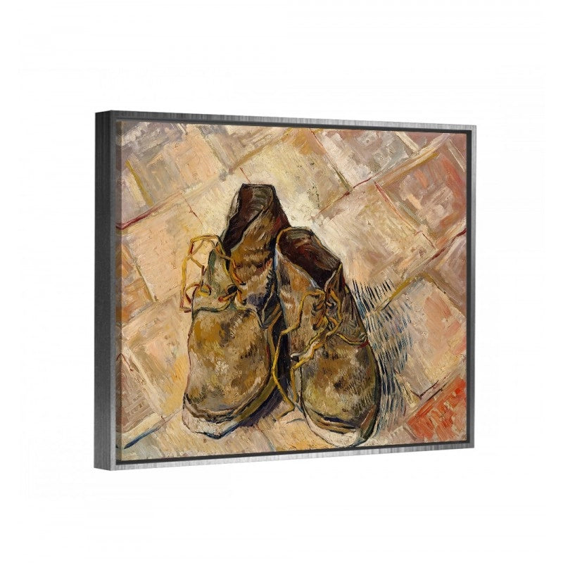 cuadro decorativo zapatos de van gogh con marco flotante plata, enmarcado